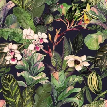 Imagem de WalRiddle Papel de parede vintage de plantas tropicais, folha de bananeira, cacto rosa/roxo, papel de parede fácil de descascar e colar, papel de parede adesivo para banheiro, impermeável, locatário