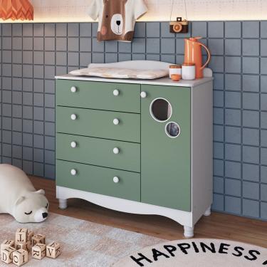 Imagem de Cômoda Infantil 4 Gavetas e 1 Porta Linha Encanto Branco/Verde