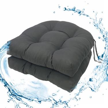 Imagem de Wadser Conjunto de almofadas de cadeira ao ar livre, 2 peças de almofadas de assento com laços almofadas de cadeira à prova d'água, almofadas de vime de pátio 48 x 48 x 9,9 cm, cinza escuro