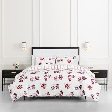 Imagem de kate spade new york Conjunto de edredom solteiro Fall Poppies com 300 fios e 100% algodão, 2 peças, reversível para todas as estações, lavável na máquina, branco e granada