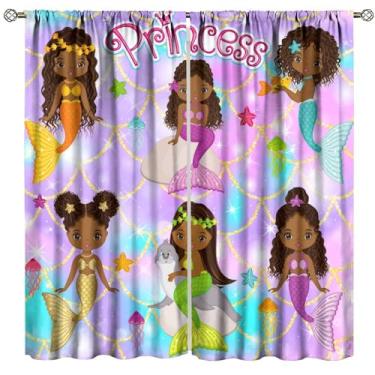 Imagem de Cortinas infantis afro-americanas, tratamentos de janela de menina negra de sereia fofa para quarto de crianças, quarto de meninas, decoração de berçário 106,7 cm L x 114,3 cm C