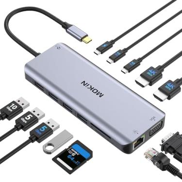 Imagem de Hub USB C, adaptador multiportas USB C 14 em 1 com 2 HDMI 4K, VGA, RJ45 Ethernet, 10 Gbps USB C/A, 100W PD, SD/TF, áudio de 3,5 mm e microfone para Dell HP Lenovo Surface