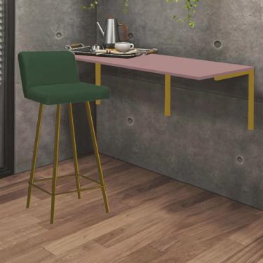Imagem de Kit Mesa Suspensa de Parede Fixa mdf Rosa + 1 Banqueta Lexi Ferro Dourado Suede Verde - Ahazzo Móveis