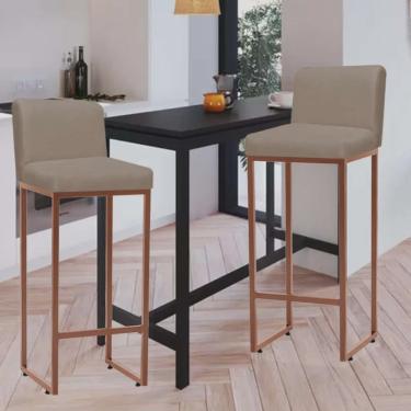 Imagem de Kit 02 Banqueta Alta Com Encosto Lucca -60cm chão até o assento Industrial Ferro Bronze Suede Bege - Ahazzo Móveis