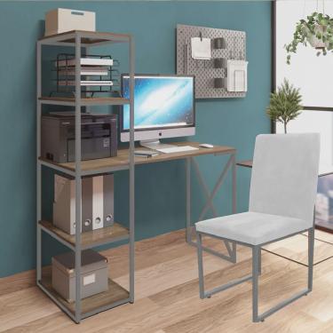 Imagem de Kit Escritório Mesa Max BeX 5 Prateleiras e Cadeira Stan Cinza Tampo Carvalho Corino Branco - Ahz Móveis