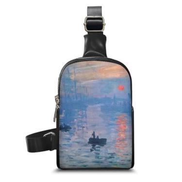 Imagem de Jolamirel Van Gogh Art Bolsa tiracolo pequena para mulheres, bolsa de peito Monet Paintings, pochete para atividades ao ar livre, caminhadas, viagens, Nascer do sol de impressão, One Size