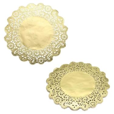 Imagem de HARFINGTON 100 peças de papel de renda, 26,5 cm, dourado, descartável, decorativo, jogo americano vazado, para bolos, sobremesas, decoração de alimentos, casamento, aniversário