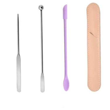 Imagem de Espátula de base com conjunto de capa de couro PU, espátula de maquiagem de mistura cosmética de silicone, paleta de maquiagem de aço inoxidável, espátula de dois gumes