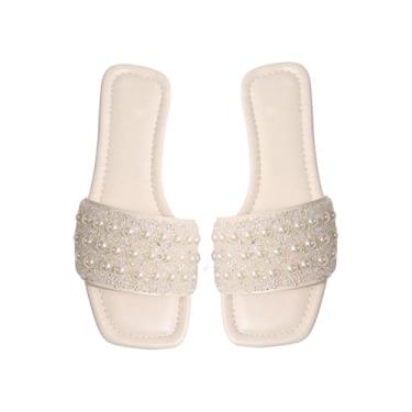 Imagem de BEAUDRM Pantufas femininas de couro PU com pérolas e bico aberto, sandálias deslizantes, Branco liso, 36