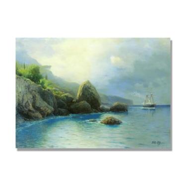 Imagem de Lev Lagorio Prints. Pintura de arte de parede de paisagem marítima. Pôster de reprodução de impressões em tela de paisagem para decoração de casa. (Na costa). Apenas tela de 50 x 70 cm - 19,6 x 27,5