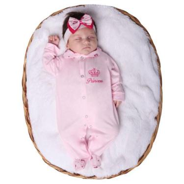 Imagem de Macacão Manga Longa Para Bebê Menina Com Faixa De Cabelo Princesa Rosa