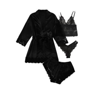 Imagem de Conjunto De Pijama Feminino De Cetim Com Renda, 4 Peças, Europeu E Ame