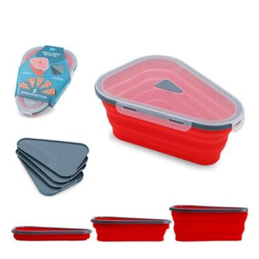 Imagem de Porta Pizza Retrátil em Silicone com Tampa e Trava | 5 Bandejas para Fatias | Livre de BPA, Vai ao Micro-ondas e Geladeira | Armazenamento Prático e Dobrável