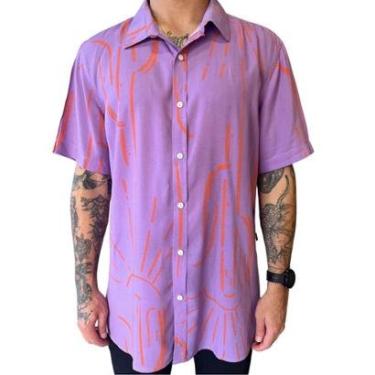 Imagem de Camisa De Botão Masculina Estampada Abstrata Manga Viscose Cor:;Tamanho:G-Masculino