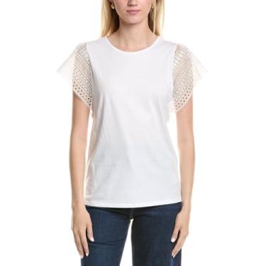 Imagem de Jones New York Blusa feminina Flutter Crochet SLV Crew Nk, Branco Nyc, G