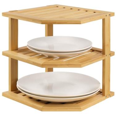 Imagem de BFTOU Organizador de pratos de bambu, organizador de armário de cozinha, prateleira de canto de 3 níveis para pratos e prateleiras de bancada de banheiro, natural