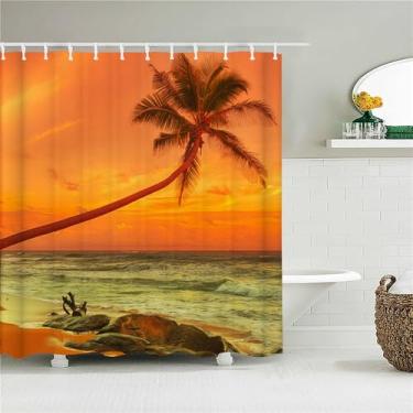 Imagem de Cortina de chuveiro de tecido Sunlight Ocean Beach Cortinas de banheiro Sunset Dusk Sea Tamanho grande 300x180CM Tela de banho com 12 ganchos, 2317L, L210xA180cm