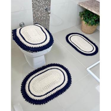 Imagem de Jogo De Banheiro Em Crochê 3 Peças Vezinho Artesanal (Azul Marinho)
