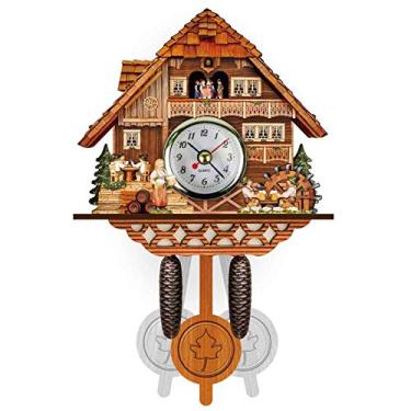 Imagem de Rsmmpqa Relógio de cuco de madeira, relógio de quartzo, chalé tradicional casa floresta negra relógio feito à mão pêndulo de parede de madeira aplicação multi cenário (M) (K)