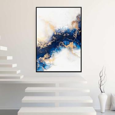 Imagem de Quadros Decorativos com Moldura Abstrato Folhas Azul Dourado Rosa Sala Quarto Kit Conjunto 2