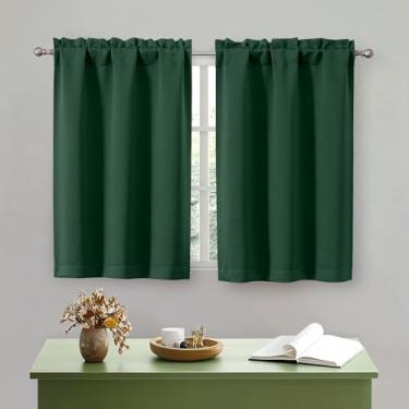 Imagem de OWENIE Ever Green Cortinas de cozinha 91 cm de comprimento, pequenas cortinas blecaute com isolamento térmico, camada sobre a pia, bolso para varão, meia janela, para banheiro, quarto, acampamento