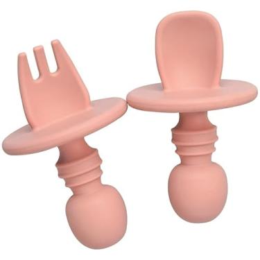 Imagem de Kit de Talheres de Silicone para Bebê, Colher e Garfo com Escudo Limitador, Rosa, para Introdução Alimentar, a partir de 6 meses