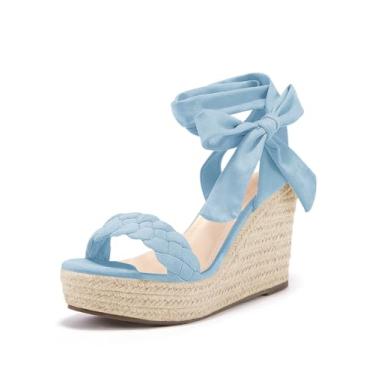 Imagem de Syktkmx Sandálias Femininas De Alpargatas Com Cunha Trançada, Cadarço, Tira Traseira Aberta, Sapatos Salto Plataforma Verão, Azuis, Tamanho 8,5