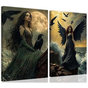Imagem de ouiytws Arte de parede gótica mística - arte de bruxa de corvo de fantasia escura e anjo alado preto, impressão em tela tema oceano e lua, decoração gótica para quarto e sala de estar, 2 painéis (41 x