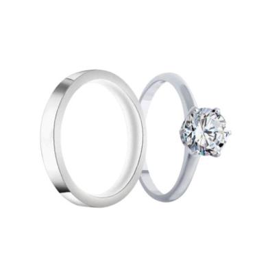 Imagem de Anel Namoro Prata 3mm Reto Liso Compromisso + Solitario 2mm Anel Prata