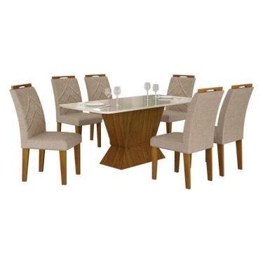 Imagem de Mesa De Jantar Larissa 180x90 Freijó Off White Com 6 Cadeiras Mdf Freijó Linho Palha - Leifer Móveis