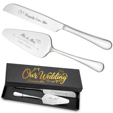 Imagem de Conjunto de facas e servidor de bolo de casamento personalizado, conjunto de corte de bolo de aço inoxidável, faca de confeitaria elegante para noivas, presente de casamento, presente de aniversário