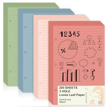 Imagem de 200 folhas de papel de folha solta, 13 x 21 cm, mini fichário, 3 anéis, papel pautado para faculdade, 3 furos, papel pautado com 3 furos, refil de caderno, enchimentos de agenda para escola