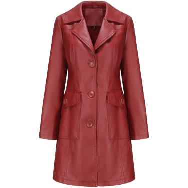 Imagem de Jaqueta De Couro Mulheres Botões Lapela Motociclista Moto Jaquetas Longas Com Bolso Motocicleta Outwear Casaco, Claret, L