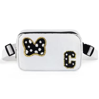 Imagem de Pochete com laço com letra inicial de chenille, bolsa tiracolo impermeável para parque, presentes de aniversário de Natal para adolescentes, meninas, mulheres, crianças, adultos, bolsa de cinto fofa