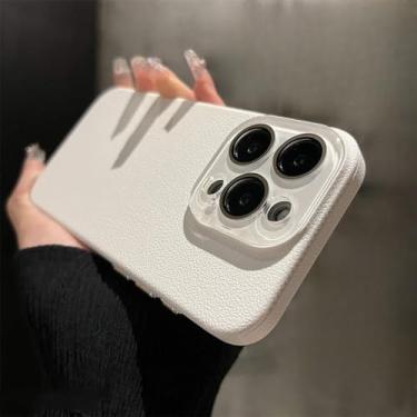 Imagem de Capa de couro texturizado com proteção de lente de vidro cristal para iPhone 15 Pro Max 14 13 12, capa rígida de PC, branca, para iPhone 15 Pro