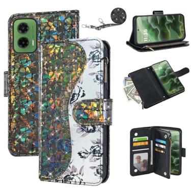 Imagem de Dibosom Capa carteira floral para Motorola G35 com alça de pulso alça de ombro flip zíper bolsa porta-cartão, suporte de couro PU de luxo brilhante brilhante brilhante capa de celular para mulheres