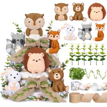 Imagem de MotiMind Woodland Kit de decoração de chá de bebê bolo de fraldas para chá de bebê com recortes de animais da floresta serapilheira fita de folha verde folhas de verão animais da floresta revelação de