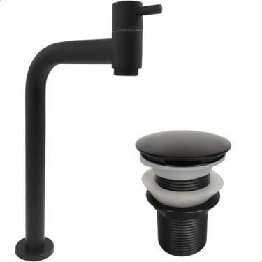 Imagem de Dona D Cor, Torneira Banheiro Fria Preto Fosco Bica Alta 90 Graus E Valvula Click 1 1/4 Inox Torneira 90° Água Fria E Ralo De Pia Escoamento Kit Lavabo Preto Fosco Luxo