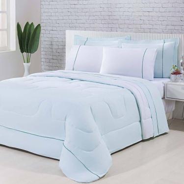 Imagem de Kit Edredom 100% Algodão Percal 150 Fios Dupla Face Solteiro Jogo De Cama 5 Peças - Verde-branco