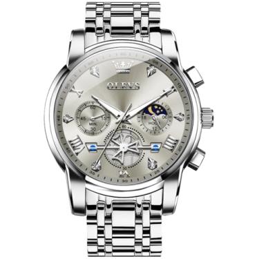 Imagem de OLEVS Relógio masculino prateado com cronógrafo de diamante, analógico, quartzo, aço inoxidável, impermeável, data, luxuoso, casual, masculino, relógios de pulso cinza