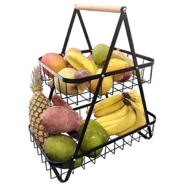 Imagem de Fruteira Cesto Organizador Duplo Aramado Mesa Bancada Cozinha Fruta Legumes Prateleira Escritorio Armario Moderno Multiuso