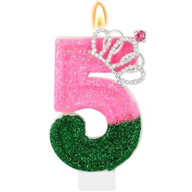 Imagem de IDIJOLI Wicked Vela de aniversário rosa e verde número 5 vela 5º aniversário topo de bolo decoração de cupcake decoração de festa temática bruxa decorações de festa comemorações de aniversário