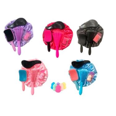 Imagem de Kit 03 Escova com Raquete Fashion Touca de Cetim e Esponjinha para Maquiagem (Aleatório)