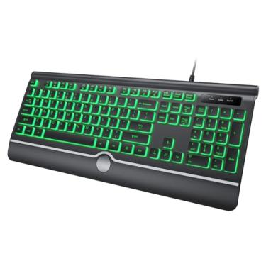 Imagem de HeengYanson Teclados retroiluminados para computador, teclados iluminados com fio com iluminação traseira de 7 cores, teclado iluminado por USB fácil de ver e digitar, teclado de tamanho completo com