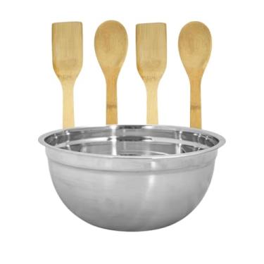 Imagem de Kit Bowl de Inox 3,2L + 4 Colheres de Bambu | Ideal para Servir e Cozinhar com Estilo