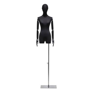Imagem de Mannequin Torso de manequim feminino coberto com tecido de linho, cabeça de braço de madeira maciça ajustável, suporte de manequim removível com base de metal(Black)