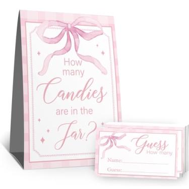 Imagem de Placa Guess How Many Candies (1 placa de pé - 50 cartões de adivinhação) Kit de cartões de atividades com tema de arco rosa para chás de bebê, festas de recém-nascidos, chá de panela, noivado, chá de