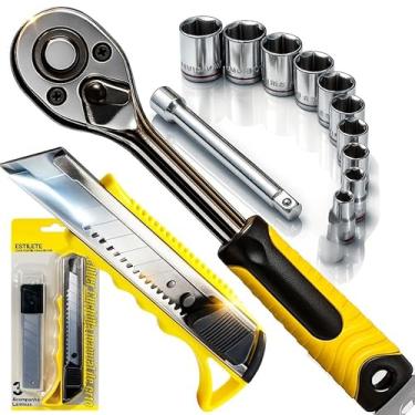 Imagem de Kit Ferramentas Manuais Estilete 18mm com Lâminas Titan Chave Catraca 1 2 Polegada Soquetes Sextavados 10 Peças Extensor Aço Reforçado Multiuso Profissional