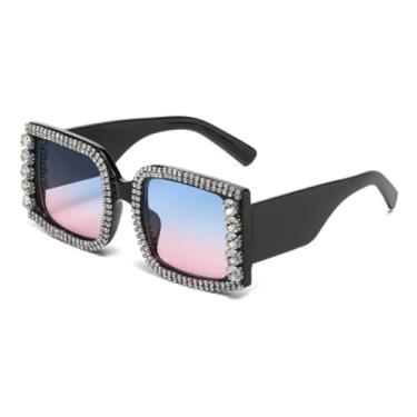 Imagem de Óculos de sol retrô femininos luxuosos com armação de plástico diamante UV400, moda masculina, degradê (preto, azul e rosa)