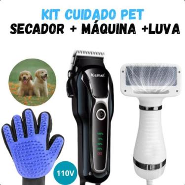 Imagem de Kit Completo Pet: Máquina Tosa KM 1991 , Secador e Luva de Silicone Az